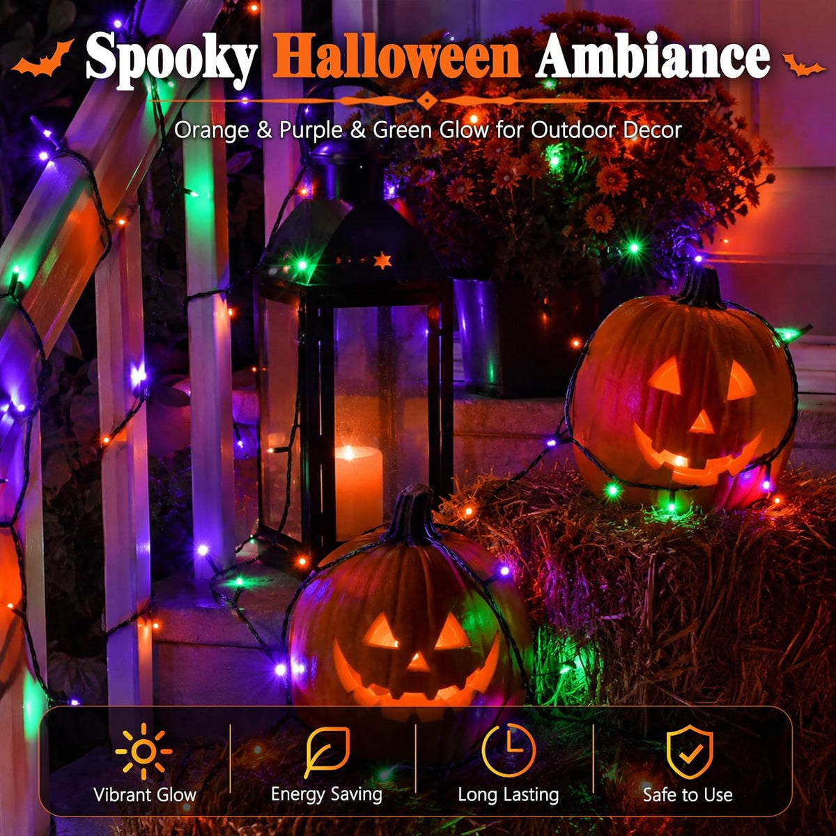 Orange Purple Green Solar Halloween Lights, 39.4FT 120 Leds